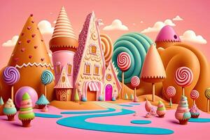 generativ ai Illustration von ein Süss und magisch Welt mit Süßigkeiten Land Landschaft und Lebkuchen Fantasie Haus foto