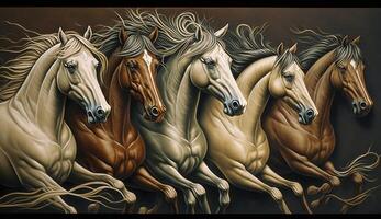 Illustration Gemälde Sieben Pferde von erfolgreich einzigartig Mauer Gemälde, ai generiert foto