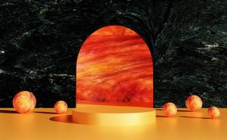 Orange Podium mit Lava kugelförmig Objekte und schwarz Marmor Mauer. Stand zu Show Produkte. Bühne Vitrine mit Lava Szene zum Präsentation. Sockel Anzeige. 3d Wiedergabe. Studio Plattform Vorlage. foto