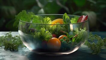 reichlich Tabelle gefüllt mit sortiert Früchte und Gemüse, ein bunt Anzeige von gesund Essen, generativ ai. foto