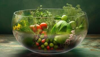 reichlich Tabelle gefüllt mit sortiert Früchte und Gemüse, ein bunt Anzeige von gesund Essen, generativ ai. foto