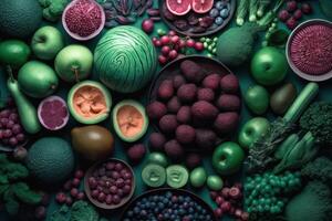 herrlich Tabelle präsentieren ein vielfältig Array von Früchte und Gemüse zum ein gesund, appetitlich Mahlzeit, generativ ai. foto