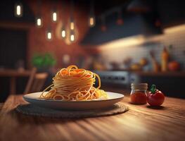 Italienisch Lebensmittel. Spaghetti Pasta im schwarz Teller auf dunkel Hintergrund. generativ ai foto