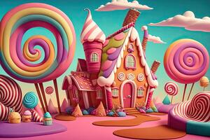 generativ ai Illustration von ein Süss und magisch Welt mit Süßigkeiten Land Landschaft und Lebkuchen Fantasie Haus foto