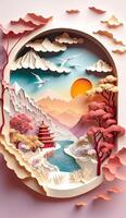 generativ ai Illustration von Chinesisch Natur und Landschaft auf solide Hintergrund, verheißungsvoll Wolken, Schlucht Strom, Berg Bereich, viele Häuser und uralt Gebäude, multi dimensional Papier quilling foto