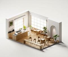 isometrische ansicht minimaler caféladen offen innerhalb der innenarchitektur, 3d-rendering digitaler kunst. foto