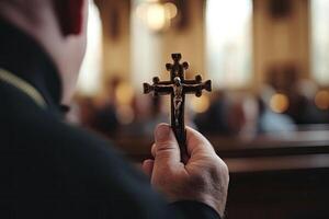 Kirche Priester hält religiös Kreuz im Hände. generativ ai foto