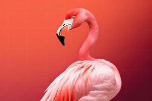 schließen oben Porträt von Flamingo Vogel auf Pastell- farbig Hintergrund. generativ ai foto