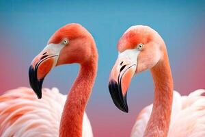 schließen oben Porträt von zwei Flamingo Vogel auf Pastell- farbig Hintergrund. generativ ai foto