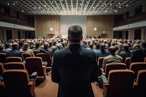 Öffentlichkeit Lautsprecher geben sich unterhalten im Konferenz Halle beim Geschäft Fall. generativ ai foto