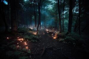 Fantasie magisch Wald mit glühend Beleuchtung. generativ ai foto
