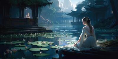 schön Mädchen Sitzung im tief Meditation auf schön Teich generativ ai foto