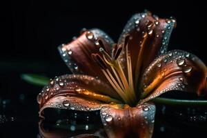 schließen oben Bild von ein schön Lilie Blume mit Wasser Tropfen. generiert ai. foto