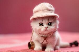 süß Weiß Kätzchen im ein gestrickt Hut und klein Tasche auf ein Rosa Hintergrund. generiert ai. foto