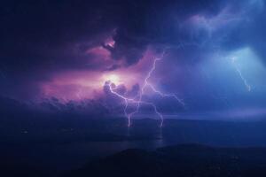 detailliert Bild von ein Nacht Gewitter Über ein Küsten Stadt. generiert ai. foto