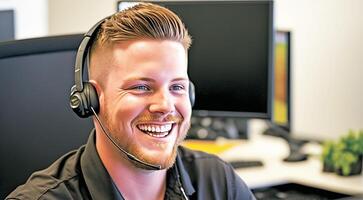 ein finn Mann lächelt wie er sitzt beim seine Schreibtisch tragen ein Headset. er funktioniert im ein Anruf Center. generativ ai foto