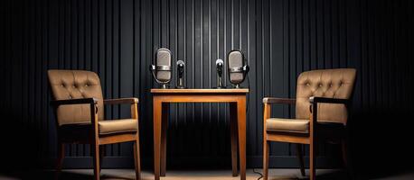 das Innere von das Podcast Studio, zwei Stühle mit Mikrofone, dunkel stumm geschaltet Töne. generativ ai foto