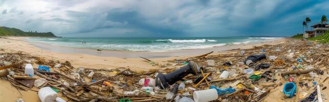 Müll geworfen durch das Sturm auf das Strand. Müll entlang das Strand. Umwelt Verschmutzung. generativ ai foto