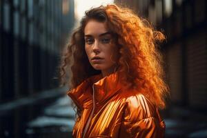 Porträt von ein rothaarig Mädchen gekleidet modisch im ein hell Orange Jacke. Straße Stil. generativ ai foto