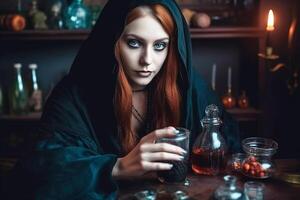 ein Hexe, ein schön Mädchen im ein schwarz Kap mit ein Kapuze ist vorbereiten ein Liebe Trank. generativ ai foto