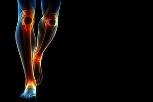 Knie Verletzung. Neon- Fuß von Mann mit beleuchtet Bereich von Meniskus von Knie. generativ ai foto