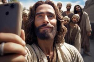 Jesus nimmt Selfies. Porträt von ein Mann Wer sieht aus mögen Christus nehmen Bilder von selbst und seine Freunde. generativ ai foto