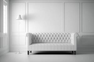 Weiß Sofa im ein Weiß Zimmer mit ein minimal modern Design im Weiß Töne. 3d machen. generativ ai foto