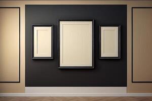Innere im ein Kunst Galerie, leeren Bild Frames auf das Mauer. generativ ai foto