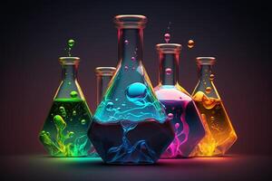 chemisch Flaschen mit farbig Flüssigkeiten auf ein schwarz Hintergrund. generativ ai foto
