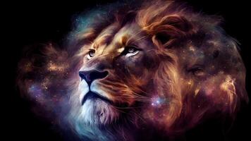 Löwe im das bilden von ein Galaxis, das Konzept von Astrologie und Horoskope. generativ ai foto