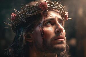 Jesus Christus, ein Porträt von ein stark, mutig Mann. generativ ai foto