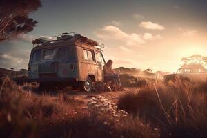 van auf das wild sandig Strand, Auto Reise. generativ ai foto