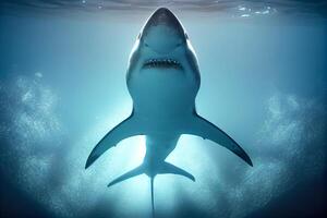 ein großartig Weiß Hai schwimmt im das Ozean, Aussicht von unter. generativ ai foto