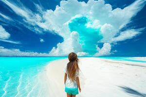 ein Mädchen Spaziergänge auf das Weiß Sand von ein tropisch Insel, Rückseite Sicht. generativ ai foto