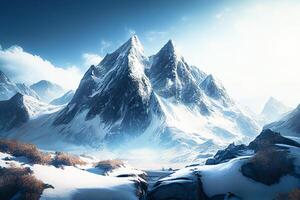 hoch Berge mit ein Gletscher, das Spitzen von das Berge bedeckt mit Schnee. Berg Landschaft. generativ ai foto