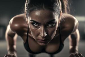 Fitness, Sport Mädchen schieben oben von das Boden, Porträt Vorderseite Sicht. generativ ai foto