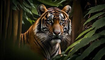Sumatra Tiger suchen beim das Kamera, Tiger Gehen im tropisch Wald Erhaltung .generativ ai foto
