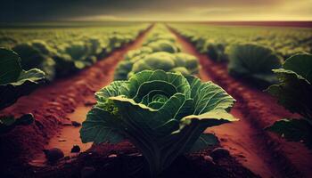 Reihen Plantage auf ein Bauernhof wachsend organisch Gemüse. erstellt mit generativ ai foto