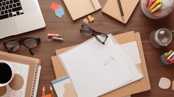 Büro Desktop oben Aussicht mit ein Notizblock, ein Stift, ein Papier, Arbeitsplatz, Arbeitsplatz Hintergrund ai generativ foto