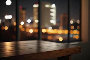 Holz Tabelle oben auf verwischen Glas Fenster Mauer Gebäude Hintergrund. ai generiert foto