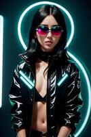 Mode zeigen, Mode Modell. schön sexy Frau im ein Leder glänzend, Neon- Jacke und Sonnenbrille auf ein Grün Hintergrund hinter ihr, Cyberpunk Stil. generativ ai foto