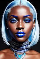 ein Frau mit Blau Haar und Blau bilden trägt ein Diamant Halskette Halsband, Mode Fotografie, fotorealistisch malen, Afrofuturismus. generativ ai foto
