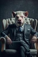 Mann im ein passen Sitzung im ein Stuhl tragen ein Schwein Maske. generativ ai. foto
