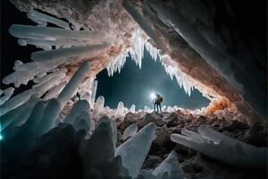 Paar von Menschen Stehen Innerhalb von ein Höhle. generativ ai. foto