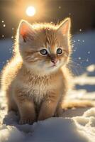 klein Orange Kätzchen Sitzung im das Schnee. generativ ai. foto