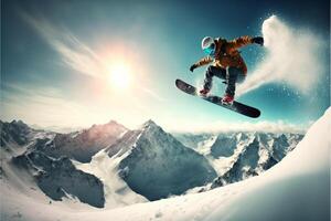 Snowboarder beim springen hoch Berge. generativ ai foto