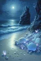 Gemälde von Muscheln auf ein Strand beim Nacht. generativ ai. foto
