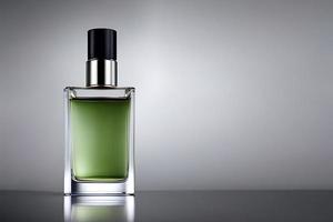 Grün Flasche Parfüm Attrappe, Lehrmodell, Simulation Studio Schuss, isoliert Hintergrund, Marketing und Produkt Präsentation. foto