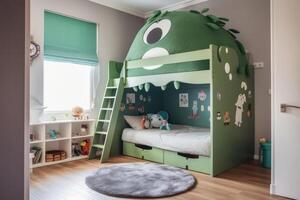 ein Kinder Schlafzimmer mit ein Monster- Bett erstellt mit generativ ai Technologie. foto