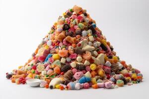 ein Berg von Süßigkeiten auf ein Weiß Hintergrund erstellt mit generativ ai Technologie. foto